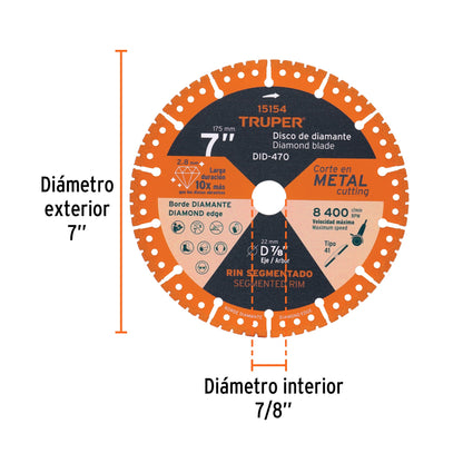 Disco de diamante de 7" para corte de metal con espesor 2.8 mm