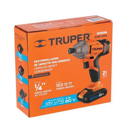 Destornillador de impacto inalámbrico de 1/4 in con batería 20 V y torque de 140 Nm