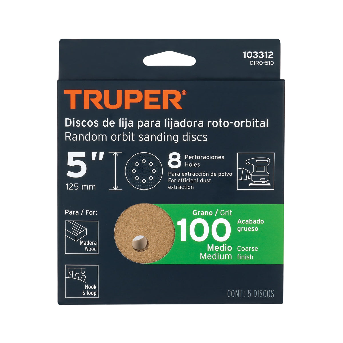 Paquete con 5 discos de lija 5" grano 100, 8 perforaciones · vista 4