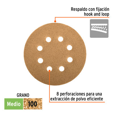 Paquete con 5 discos de lija 5" grano 100, 8 perforaciones · vista 2