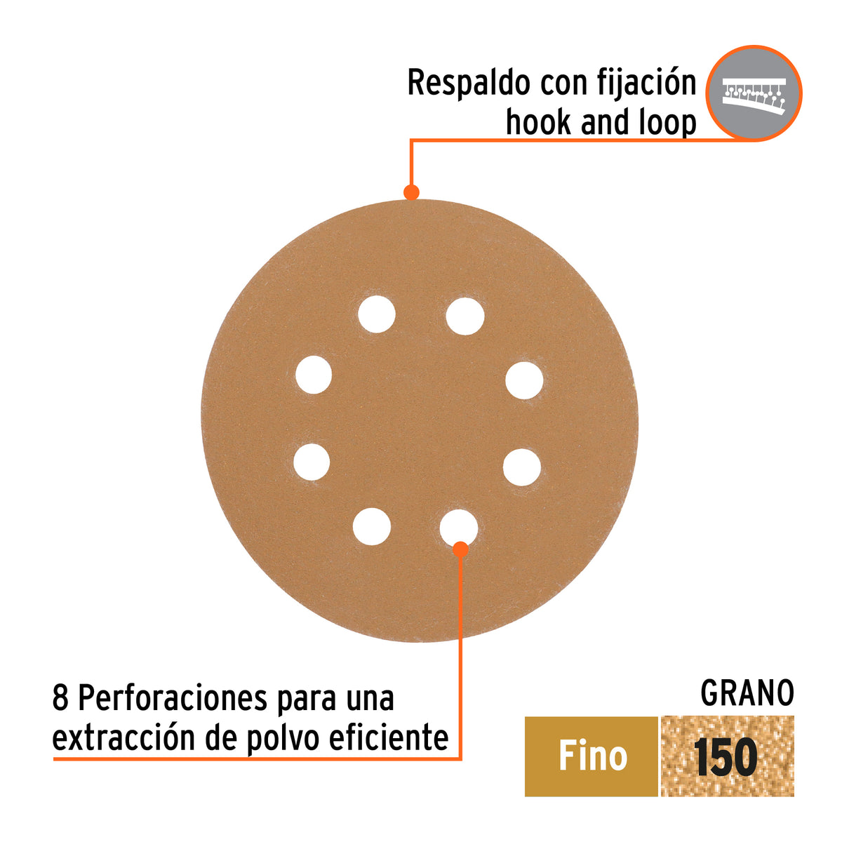 Paquete con 5 discos de lija 5" grano 150, 8 perforaciones · vista 2
