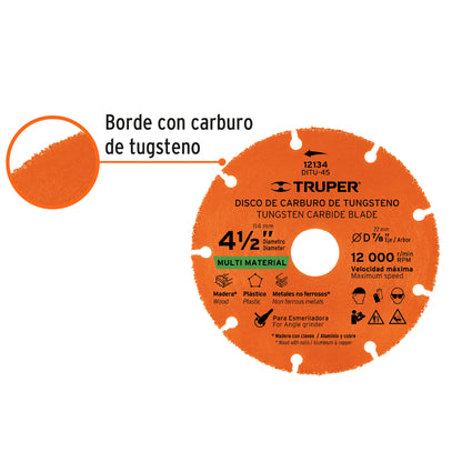 Disco de corte multimaterial de 4 1/2 pulgadas con borde de carburo de tungsteno