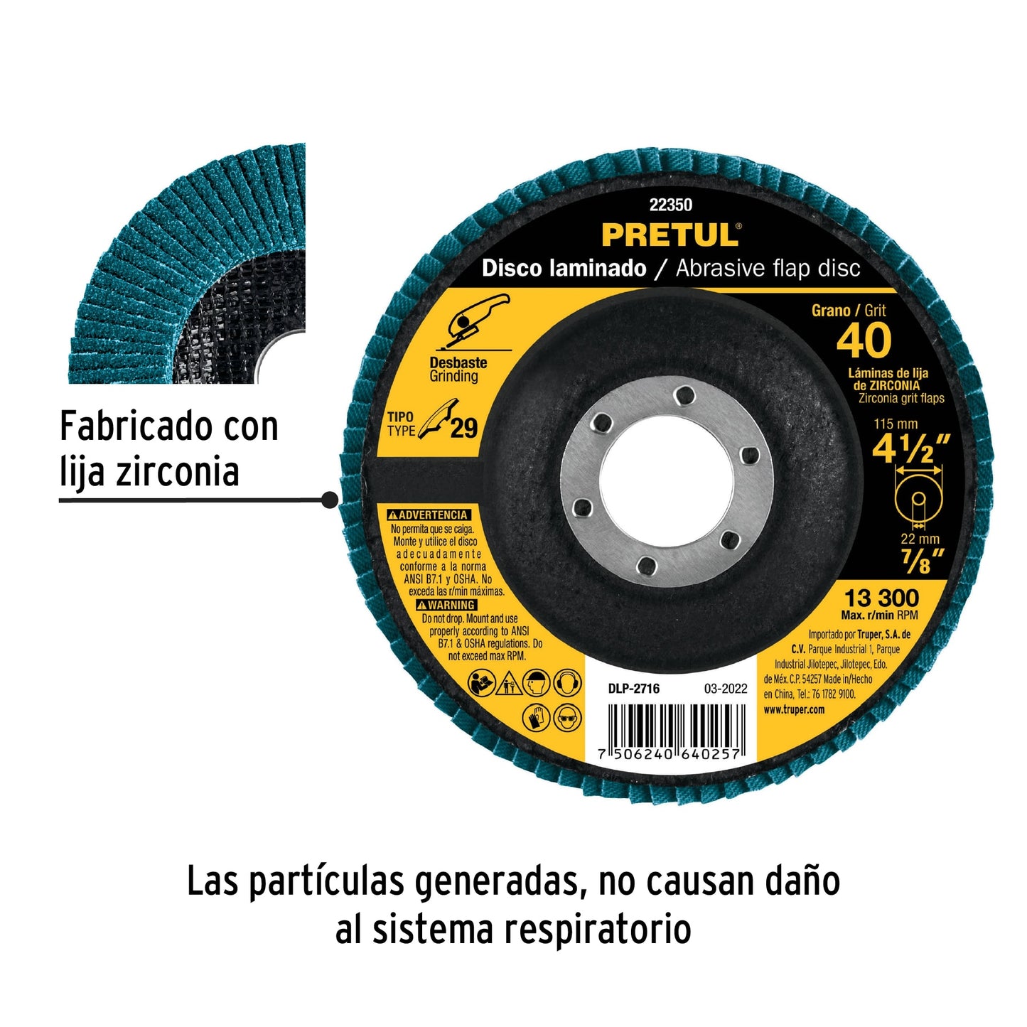 Disco laminado de 4-1/2" grano 40 con centro 7/8"
