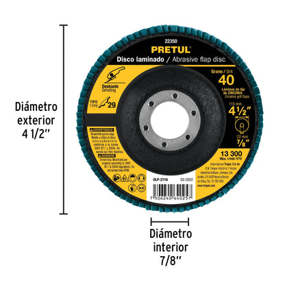 Disco laminado de 4-1/2" grano 40 con centro 7/8"