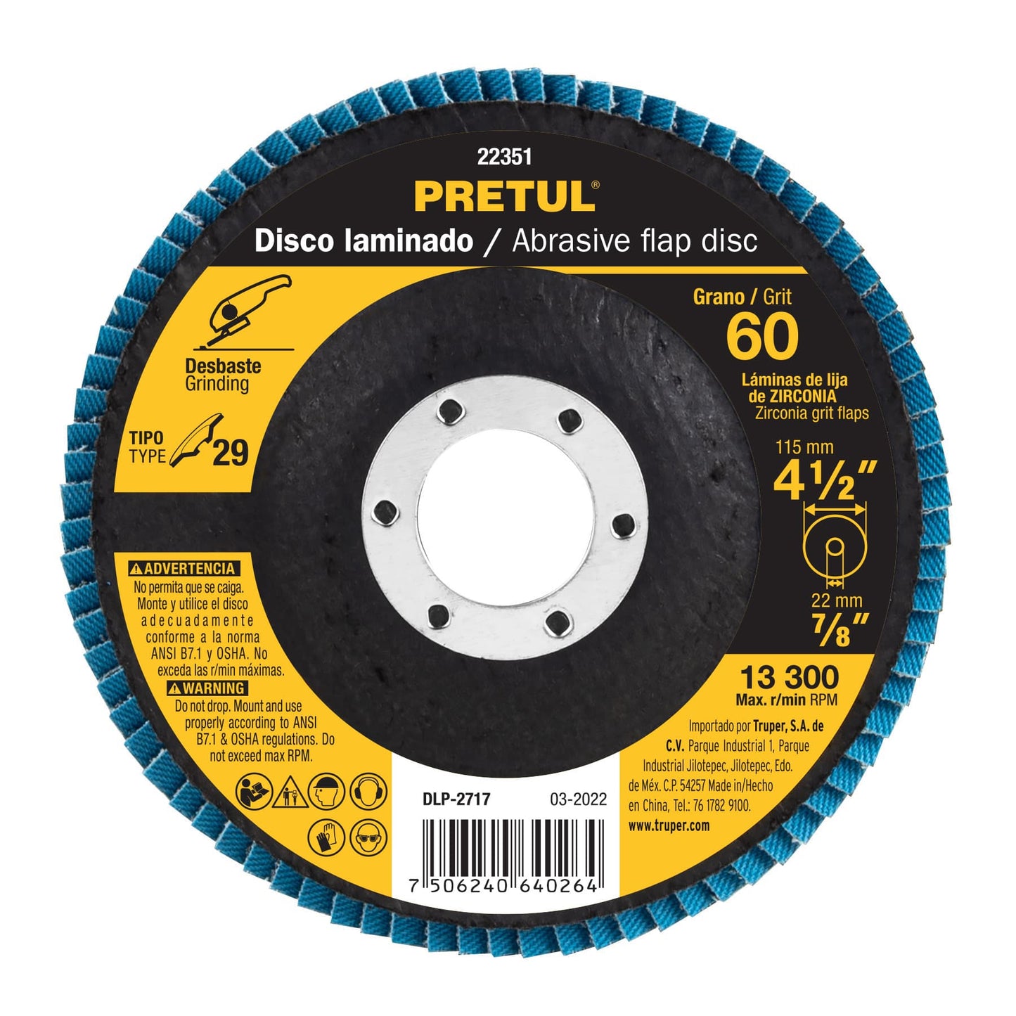 Disco laminado de 4-1/2" grano 60 con centro 7/8"