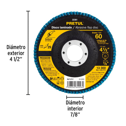Disco laminado de 4-1/2" grano 60 con centro 7/8"