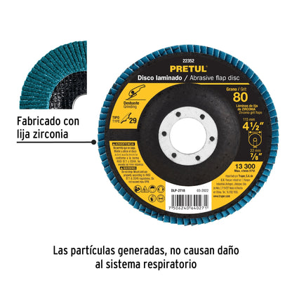 Disco laminado de 4-1/2" grano 80 con centro 7/8"