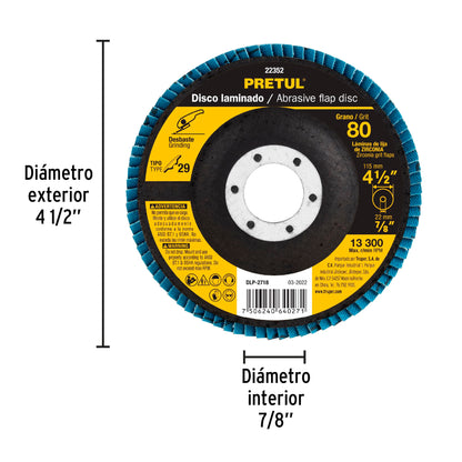 Disco laminado de 4-1/2" grano 80 con centro 7/8"