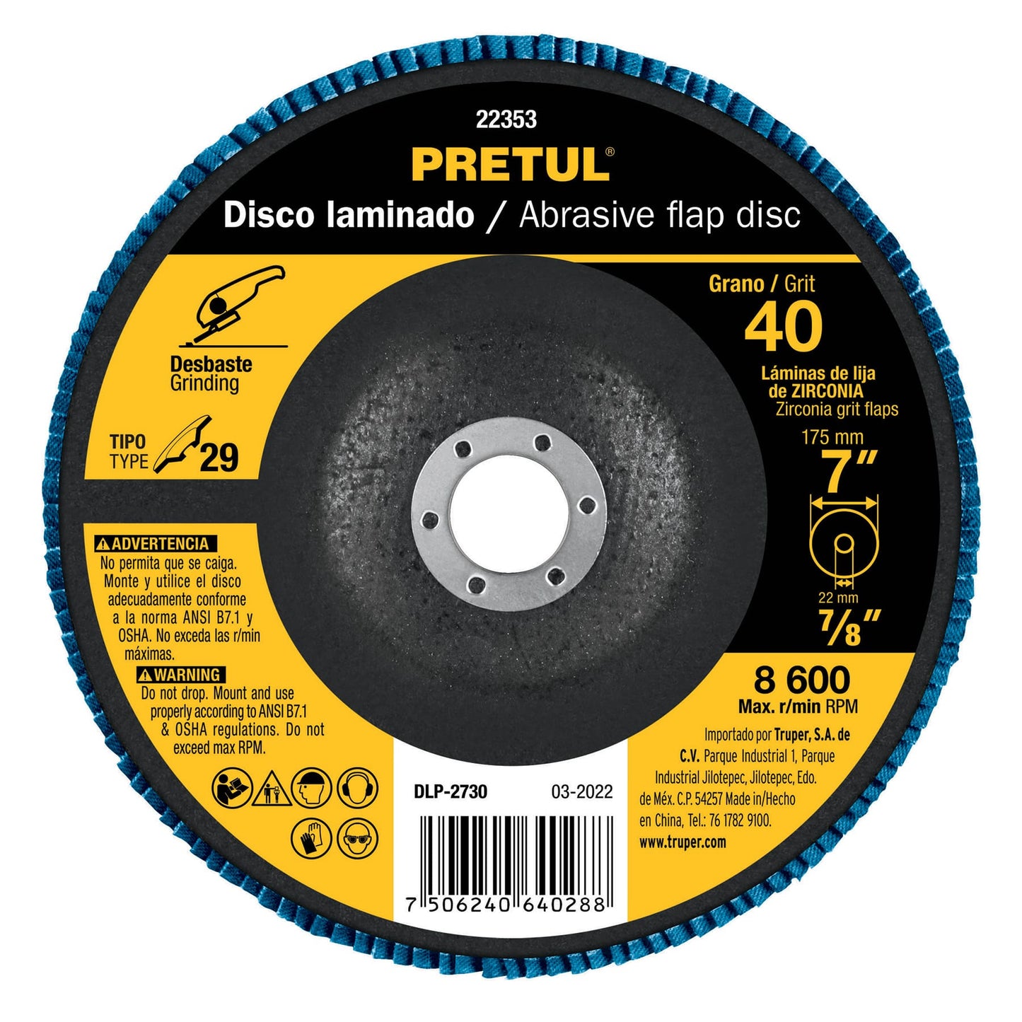 Disco laminado de 7" grano 40 con centro 7/8"