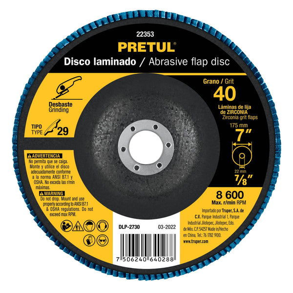 Disco laminado de 7" grano 40 con centro 7/8"