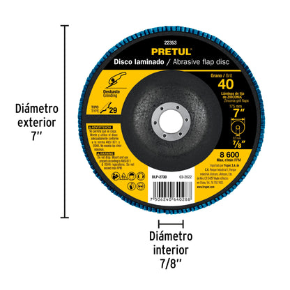 Disco laminado de 7" grano 40 con centro 7/8"