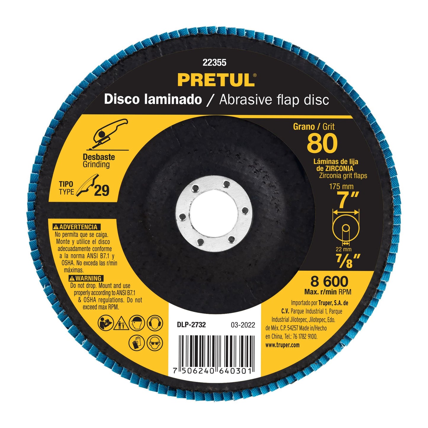 Disco laminado de 7" grano 80 con centro 7/8"