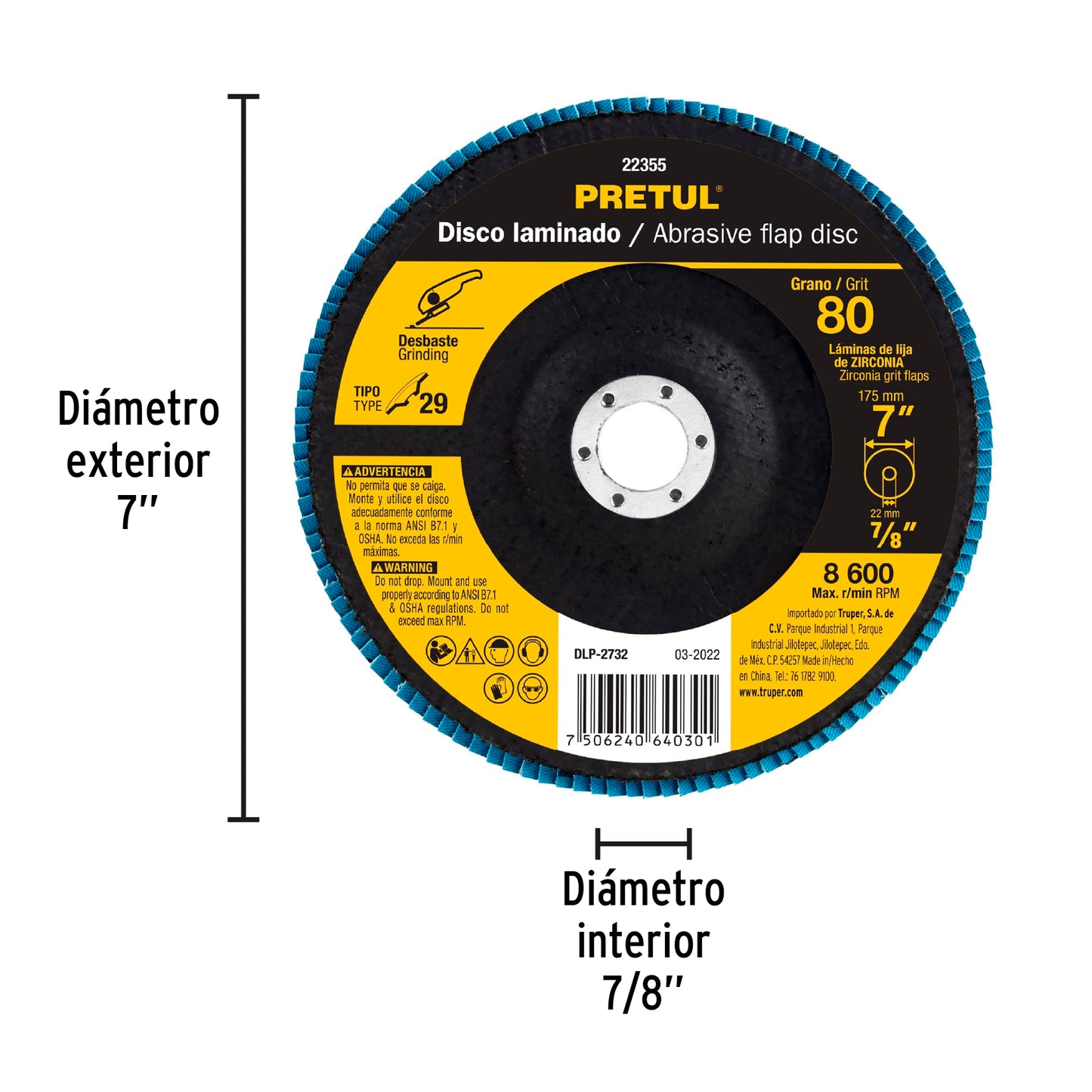 Disco laminado de 7" grano 80 con centro 7/8"