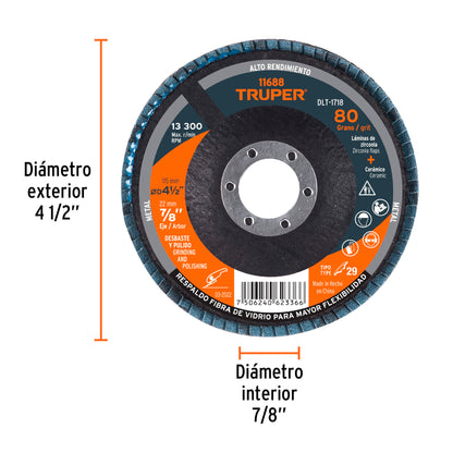 Disco laminado de 4-1/2" grano 80 con centro 7/8"