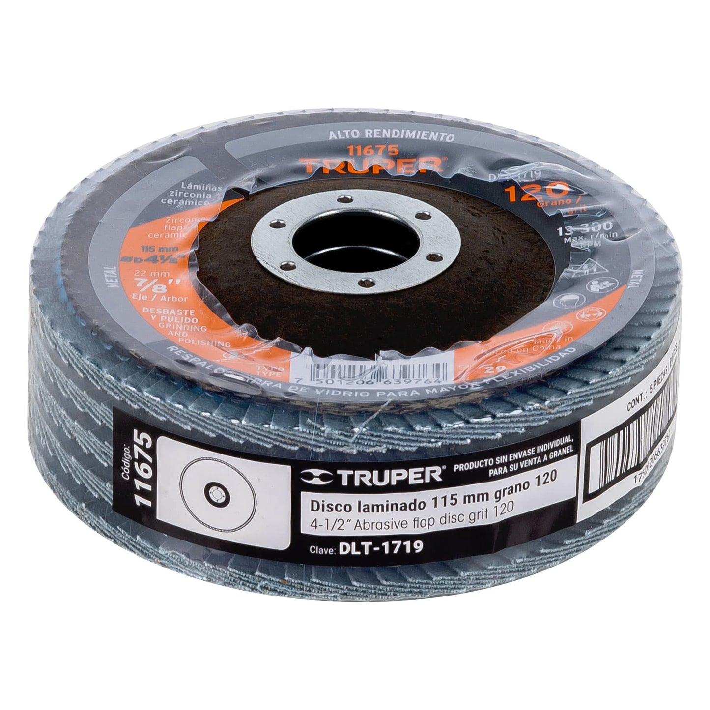 Disco laminado de 4-1/2" grano 120 con centro 7/8"