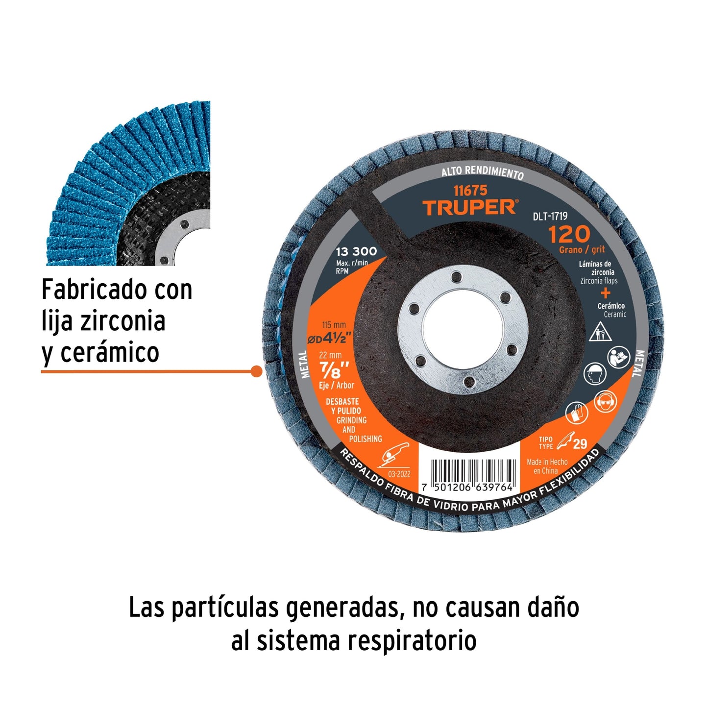 Disco laminado de 4-1/2" grano 120 con centro 7/8"