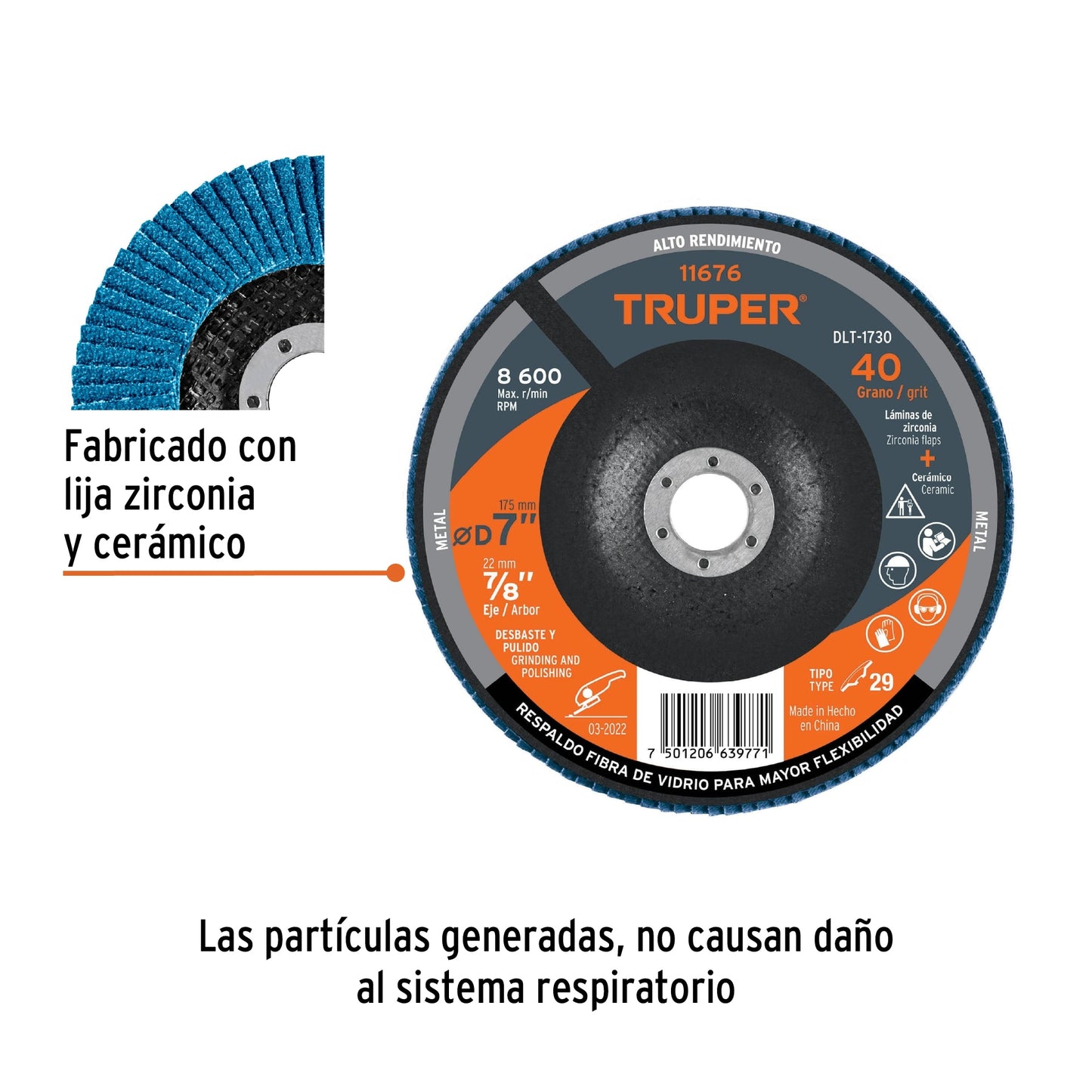 Disco laminado de 7" grano 40 con centro 7/8"