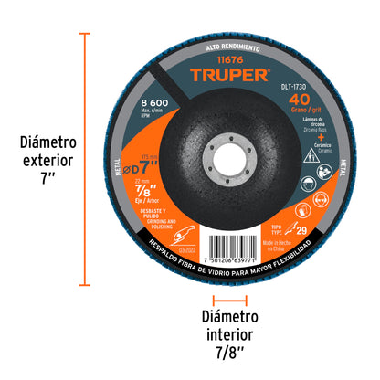 Disco laminado de 7" grano 40 con centro 7/8"