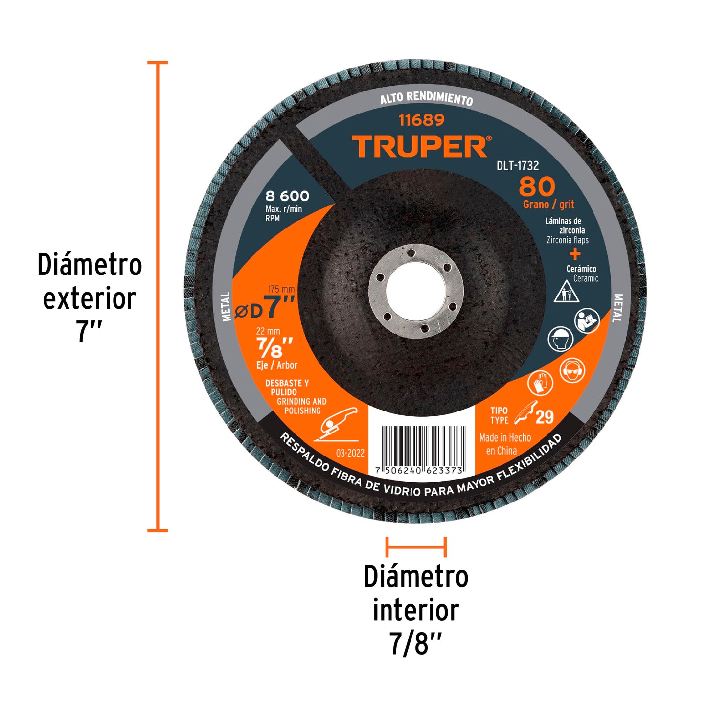 Disco laminado de 7" grano 80 con centro 7/8"