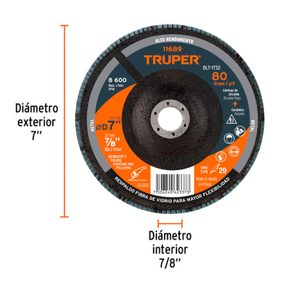 Disco laminado de 7" grano 80 con centro 7/8"