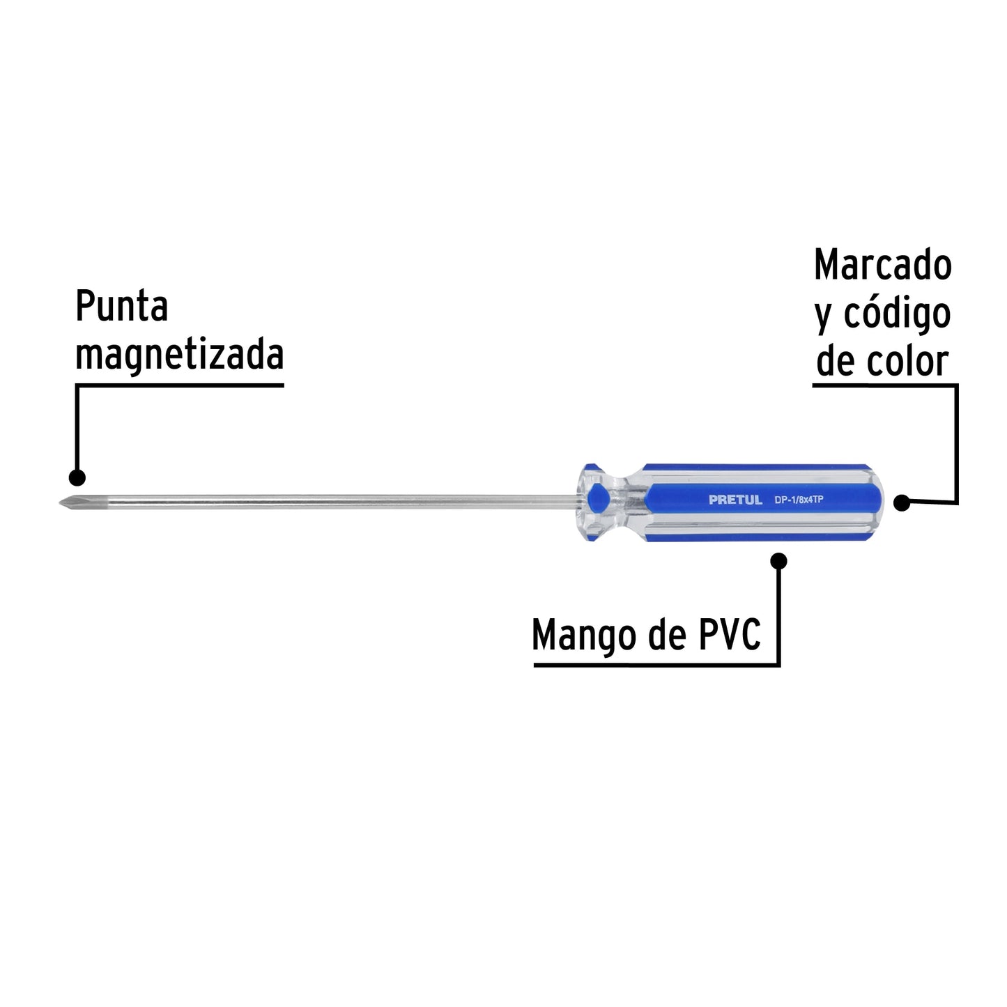 Desarmador de cruz de 1/8 x 4 con mango de PVC