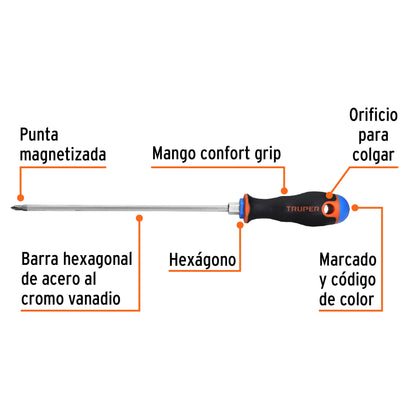 Desarmador de cruz de 3/16 con barra de 20.32 cm y mango Comfort Grip