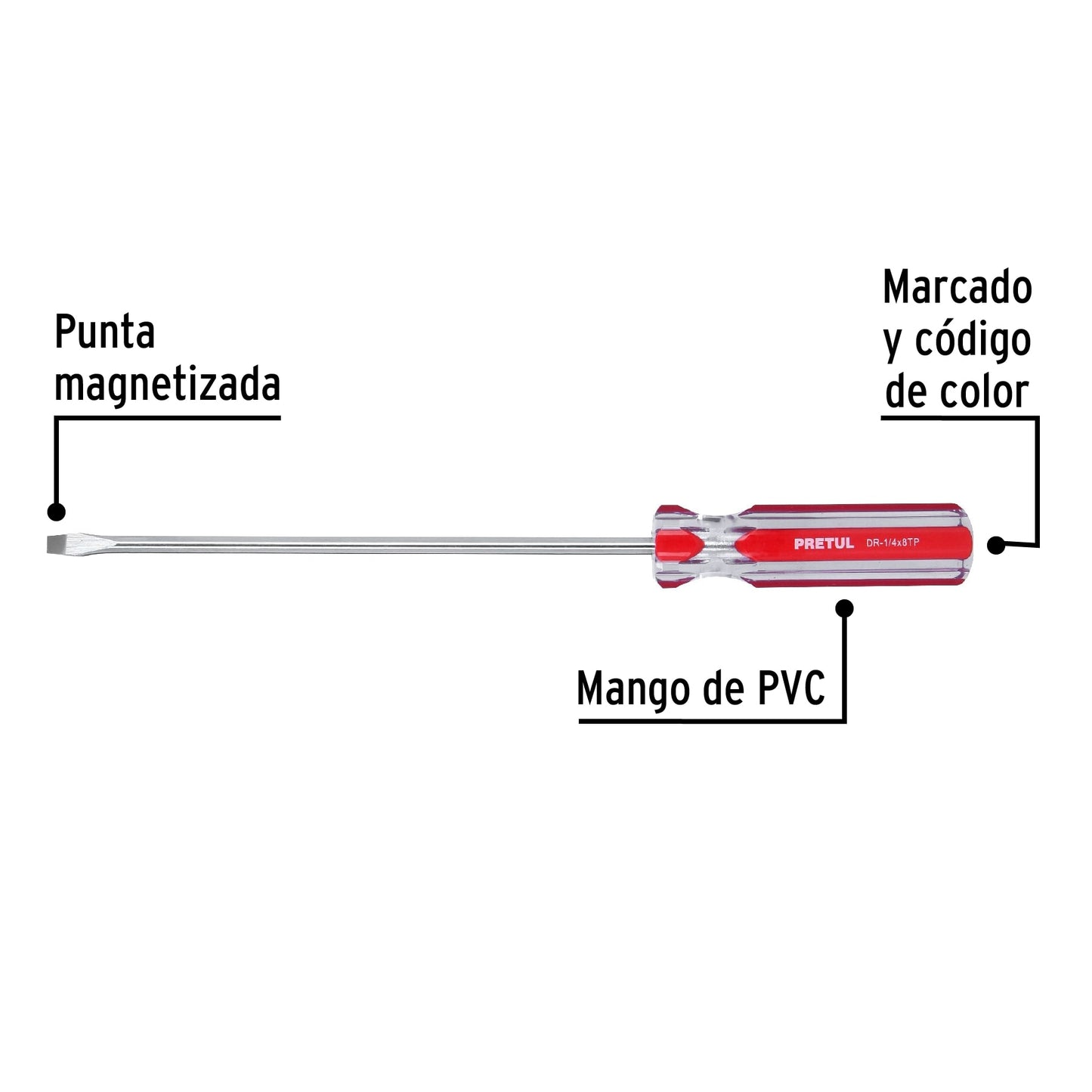 Desarmador plano de 1/4 x 8 con mango de PVC