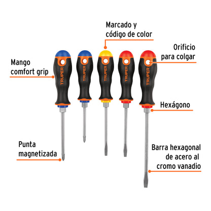 Juego de 5 desarmadores de mango comfort grip con barra hexagonal