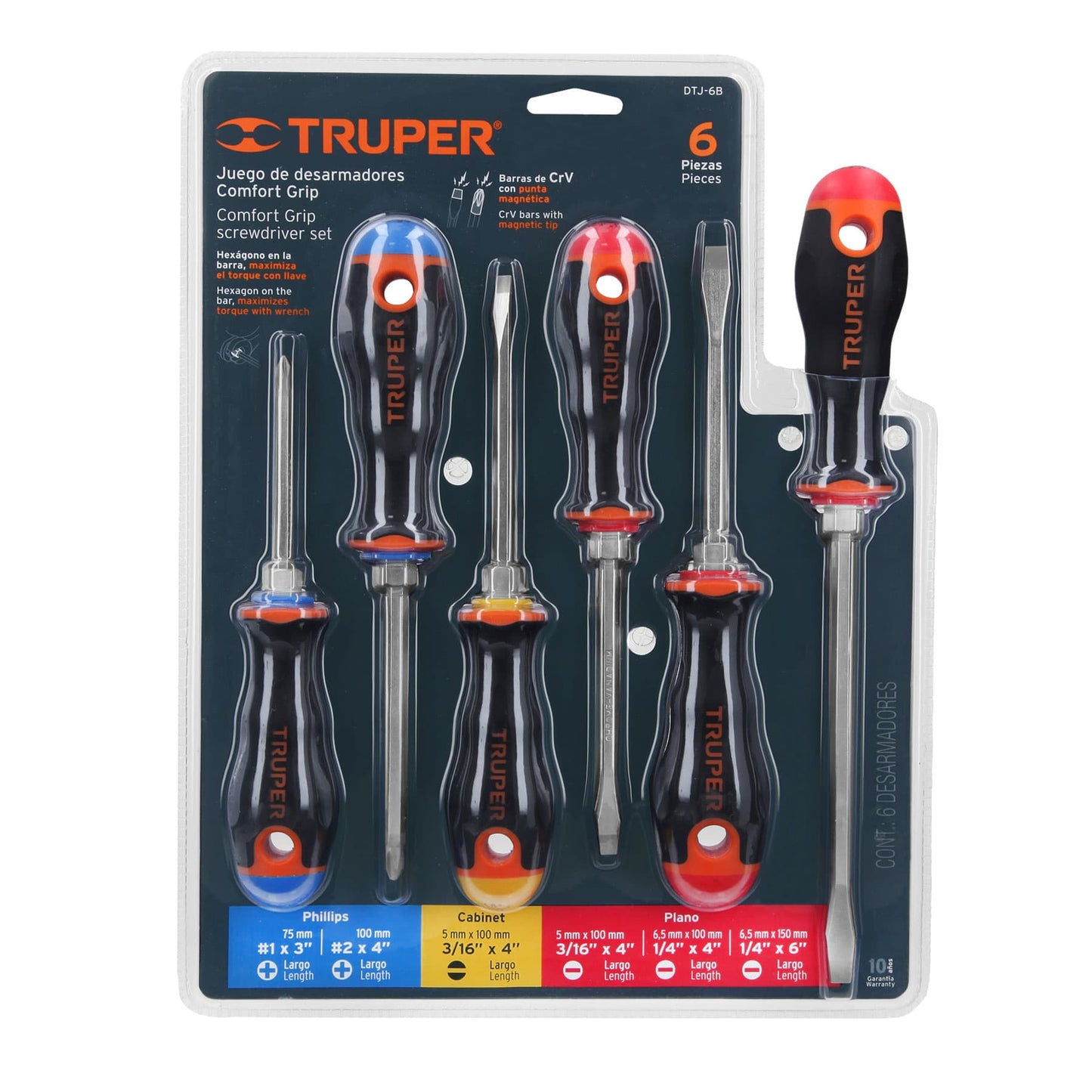 Juego de 6 desarmadores de mango comfort grip con barra hexagonal