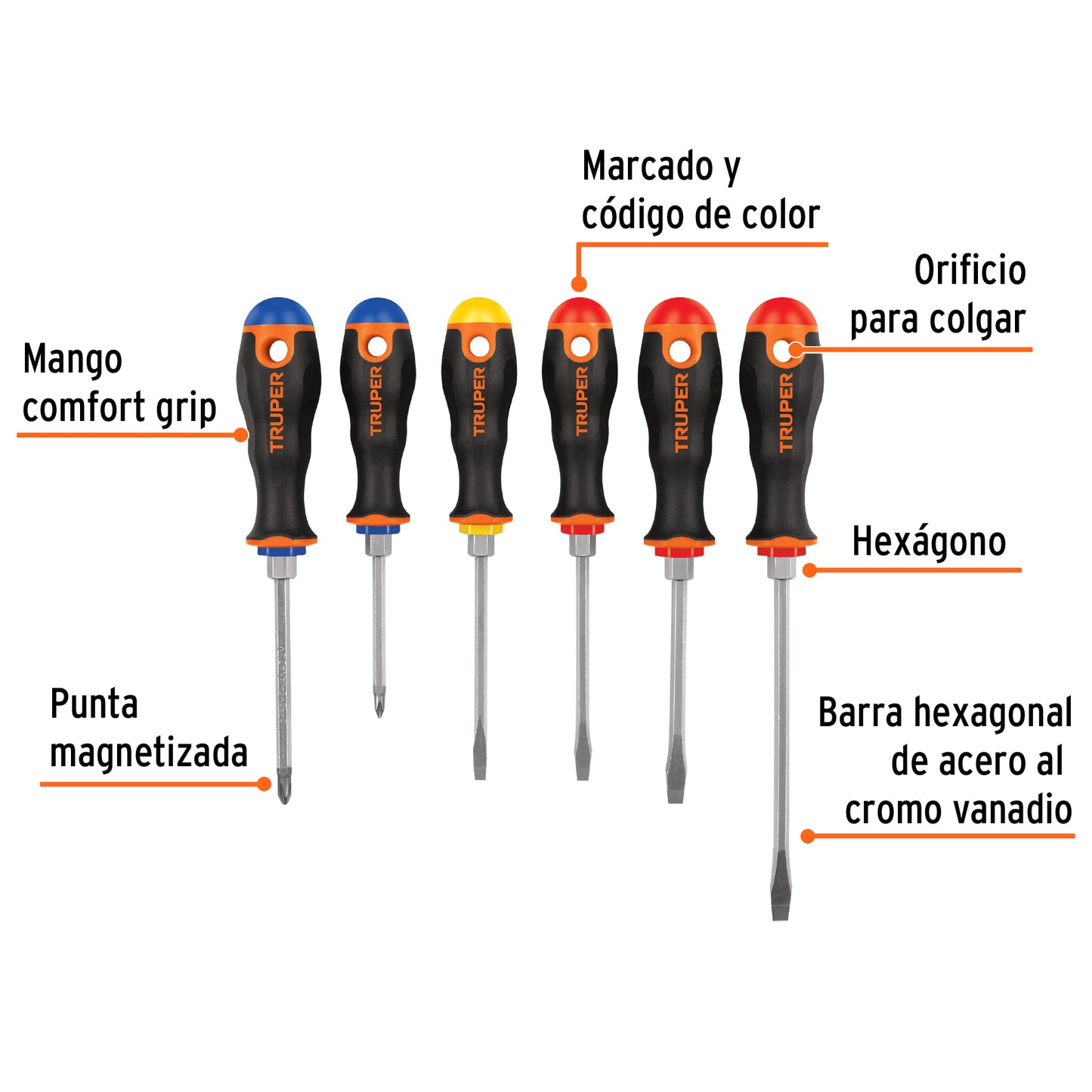 Juego de 6 desarmadores de mango comfort grip con barra hexagonal