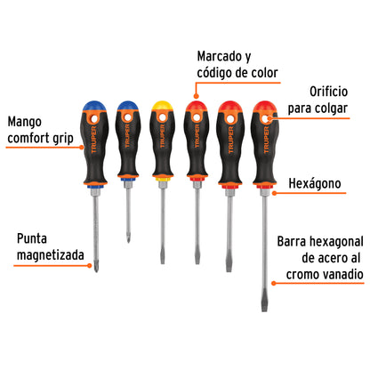 Juego de 6 desarmadores de mango comfort grip con barra hexagonal