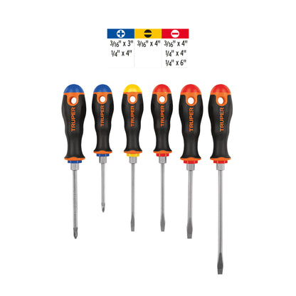 Juego de 6 desarmadores de mango comfort grip con barra hexagonal