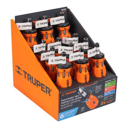 Desarmador tipo trompo con matraca y 6 puntas dobles