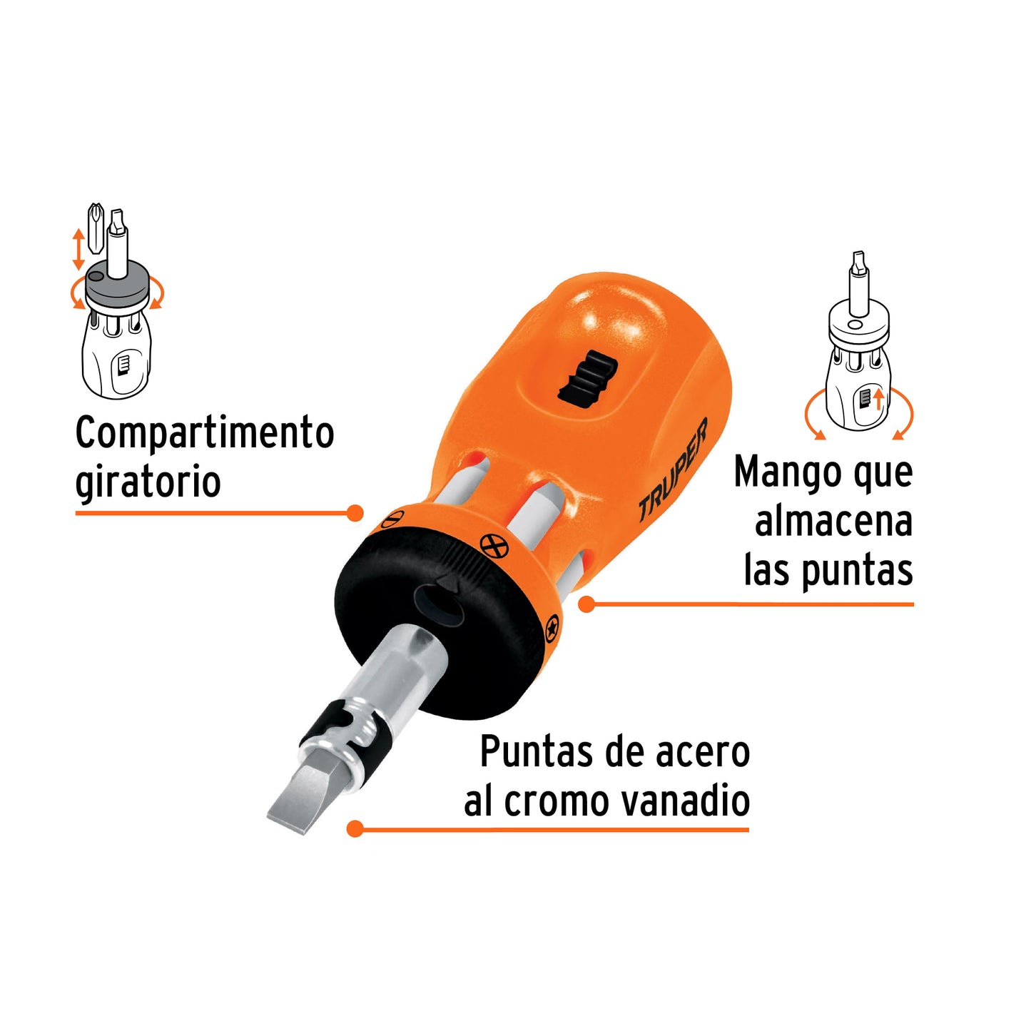 Desarmador tipo trompo con matraca y 6 puntas dobles