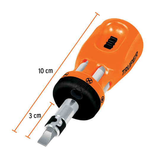 Desarmador tipo trompo con matraca y 6 puntas dobles