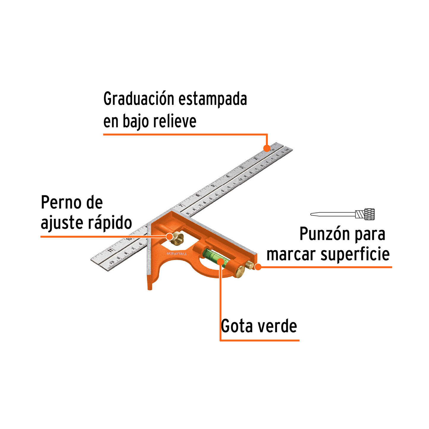 Escuadra de combinación con punzón para marcar 12