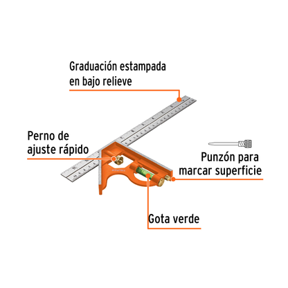 Escuadra de combinación con punzón para marcar 12