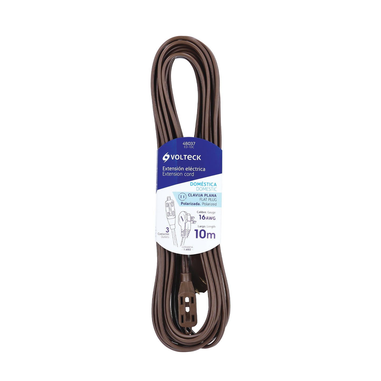 Extensión eléctrica doméstica de 10 m con clavija plana café