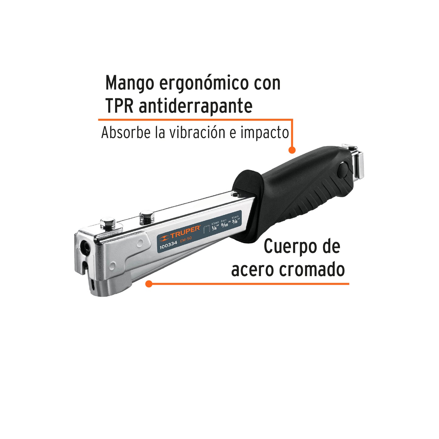 Engrapadora tipo martillo de uso rudo con cuerpo de acero niquelado y mango antiderrapante
