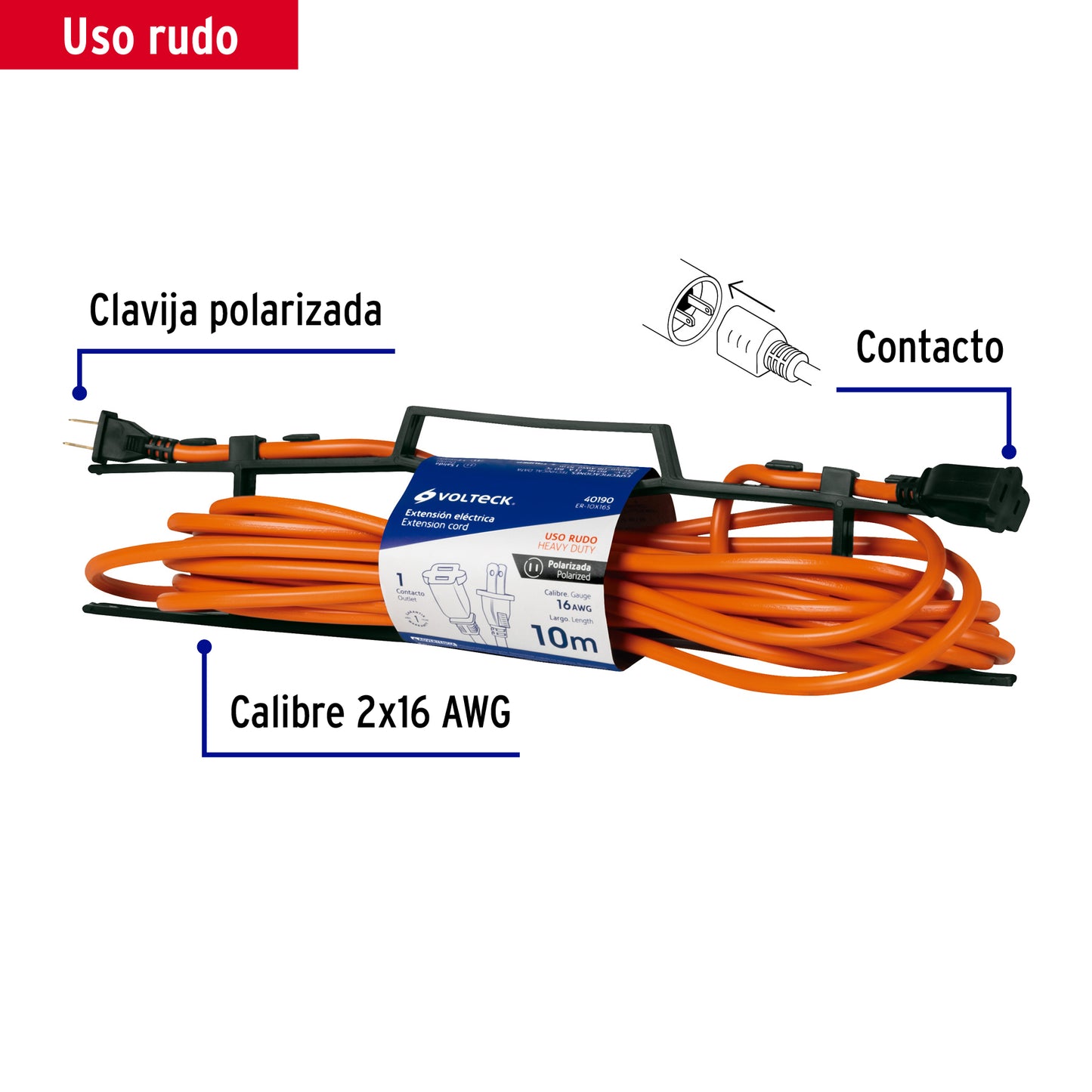 Extensión eléctrica de uso rudo de 10 m con calibre 2x16 AWG para una clavija