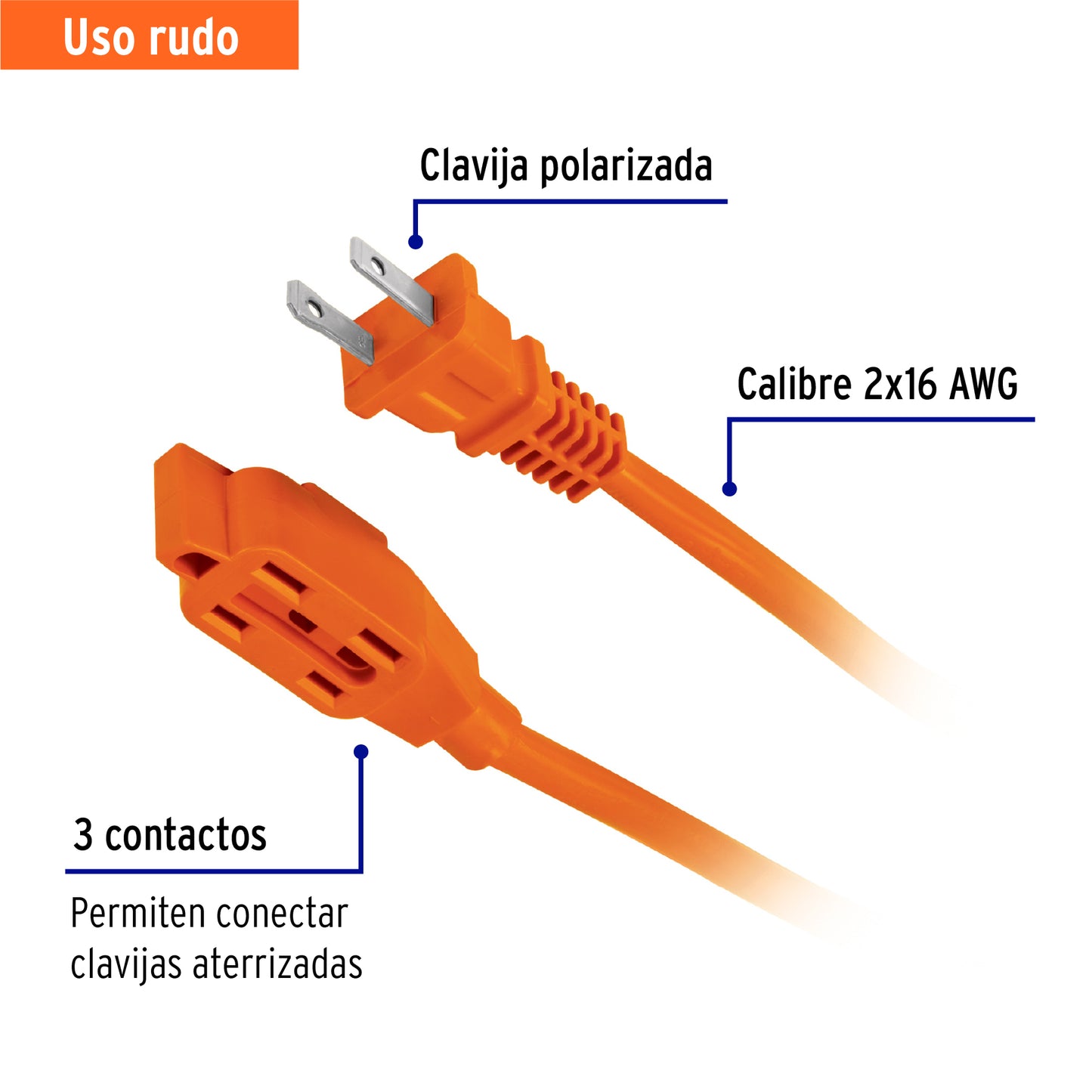 Extensión eléctrica de uso rudo de 10 m con calibre 2x16 AWG