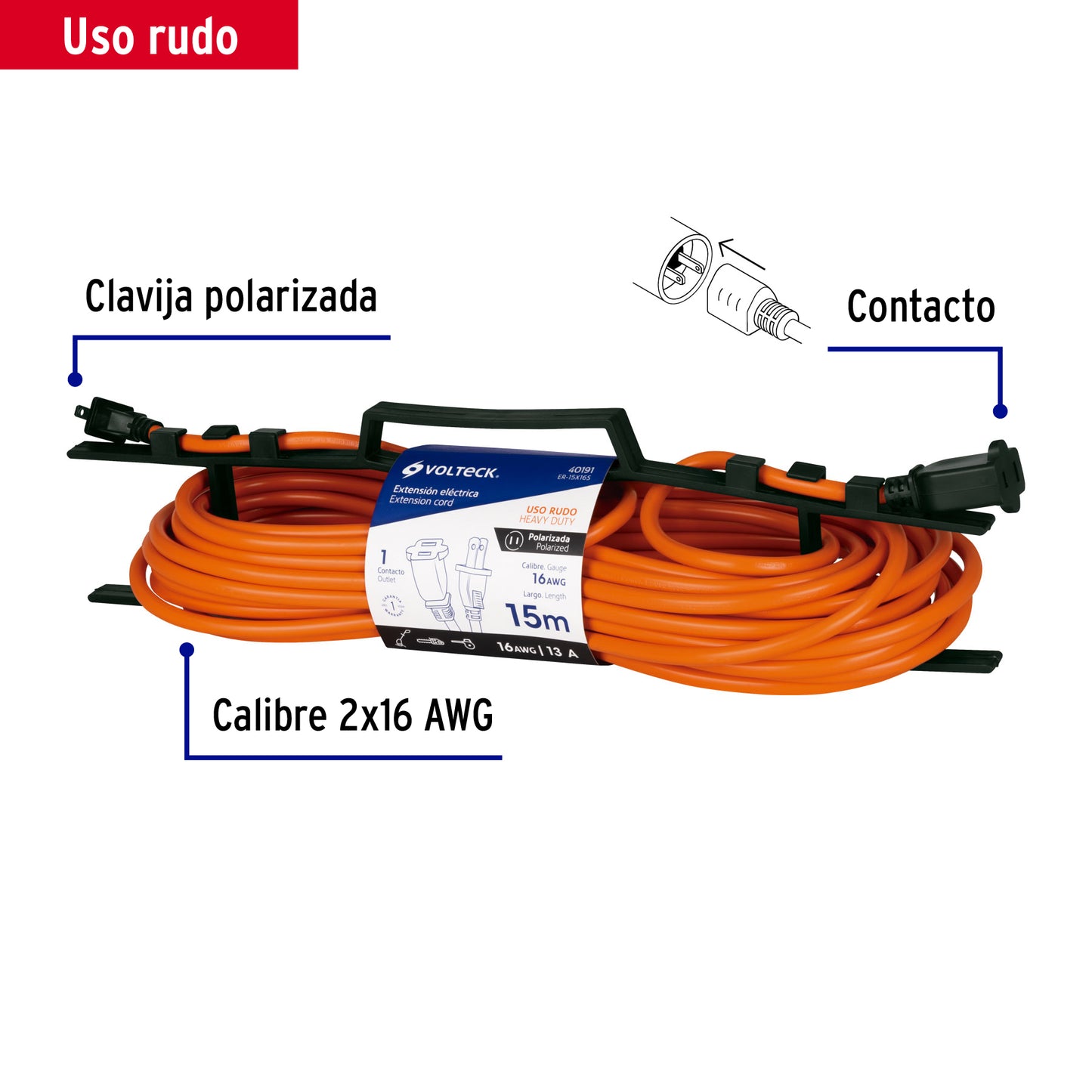 Extensión eléctrica de uso rudo de 15 m con calibre 2x16 AWG para una clavija