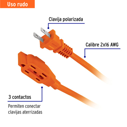 Extensión eléctrica de uso rudo de 25 m con calibre 2x16 AWG