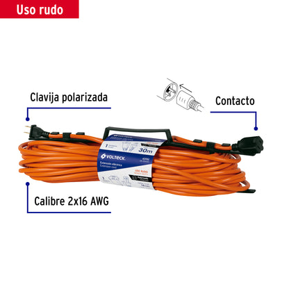 Extensión eléctrica de uso rudo de 30 m con calibre 2x16 AWG para una clavija