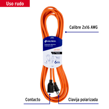 Extensión eléctrica de uso rudo de 6 m con calibre 2x16 AWG para una clavija