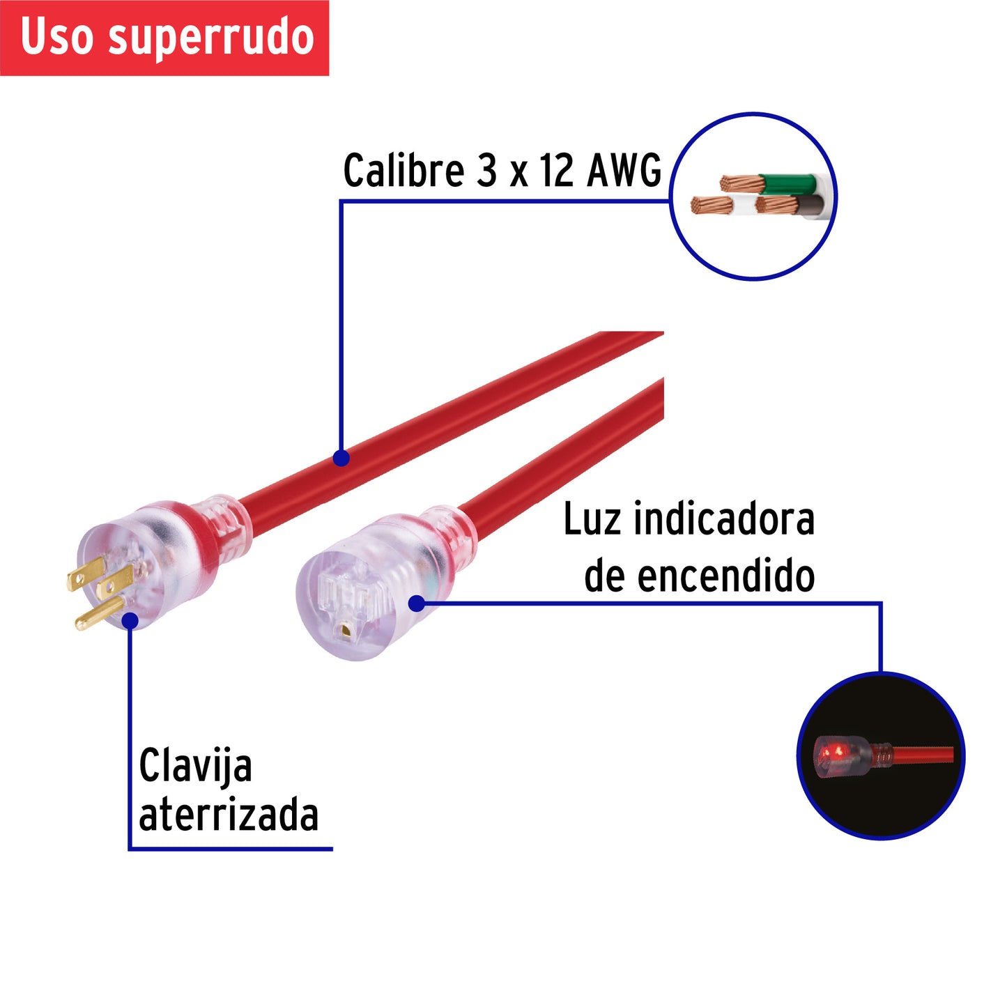 Extensión reforzada aterrizada 10 m 3x12 AWG