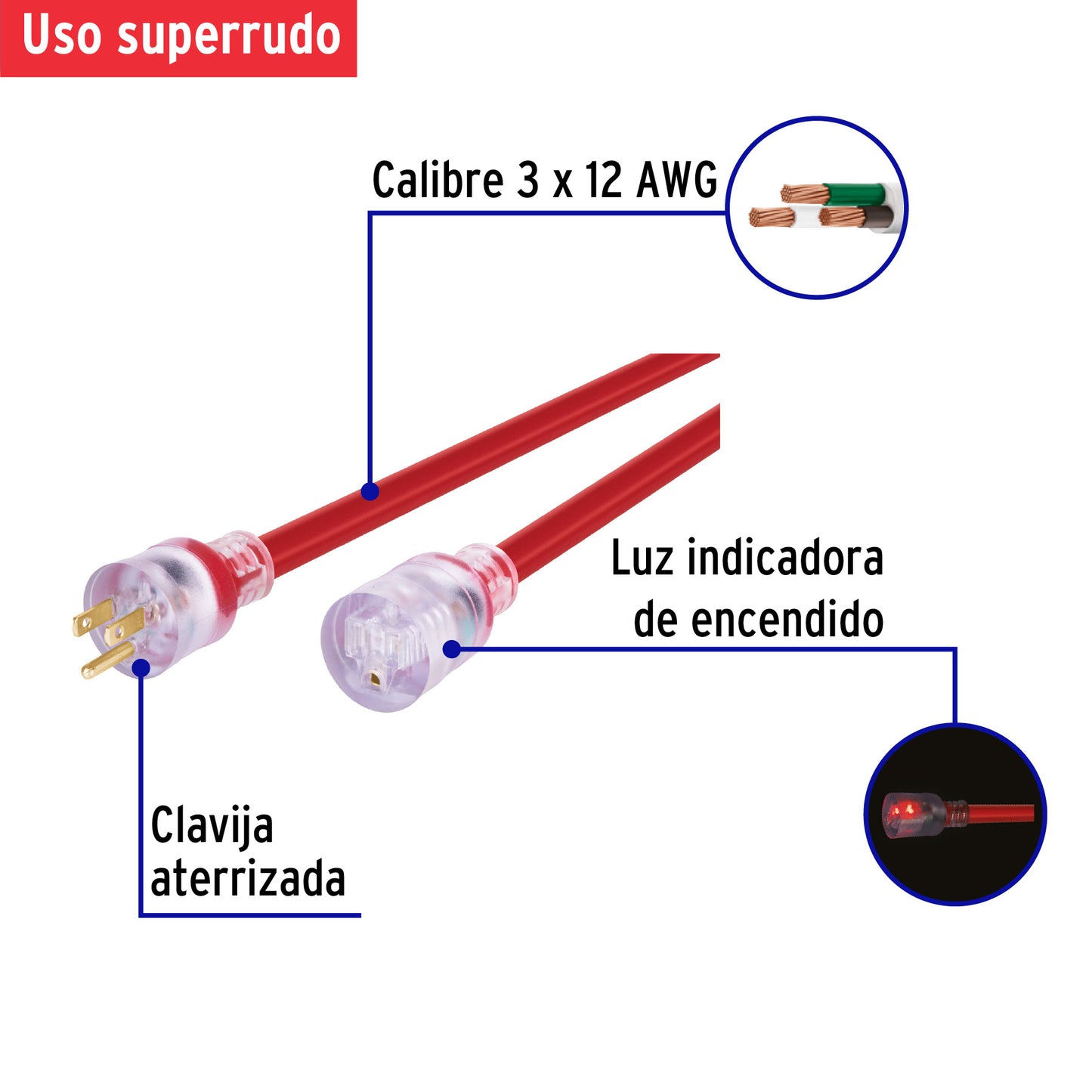 Extensión reforzada aterrizada 20 m 3x12 AWG