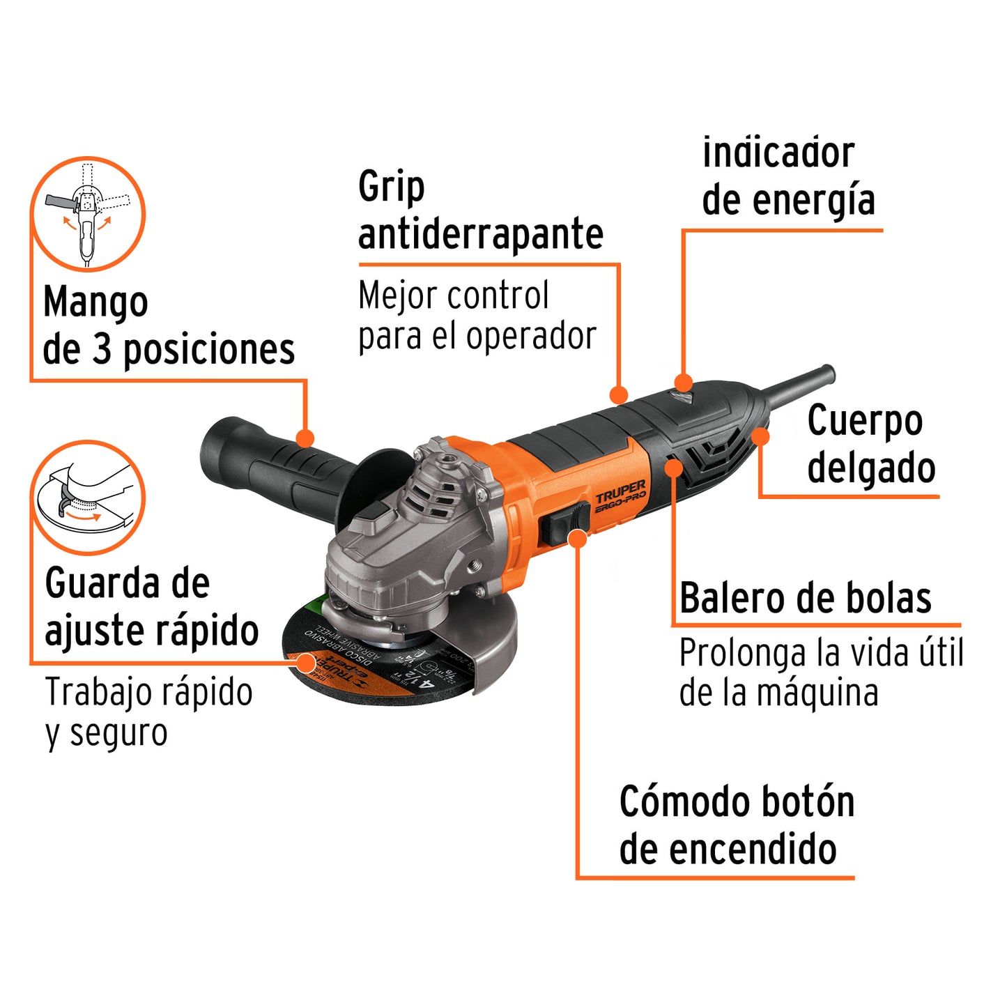 Esmeriladora angular de 1100 W y con interruptor de uso continuo