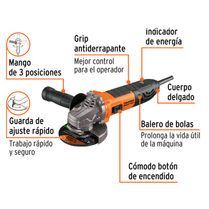 Esmeriladora angular de 1100 W y con interruptor de uso continuo