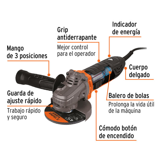 Esmeriladora angular de 4-1/2" y 1,100 W con encendido gradual
